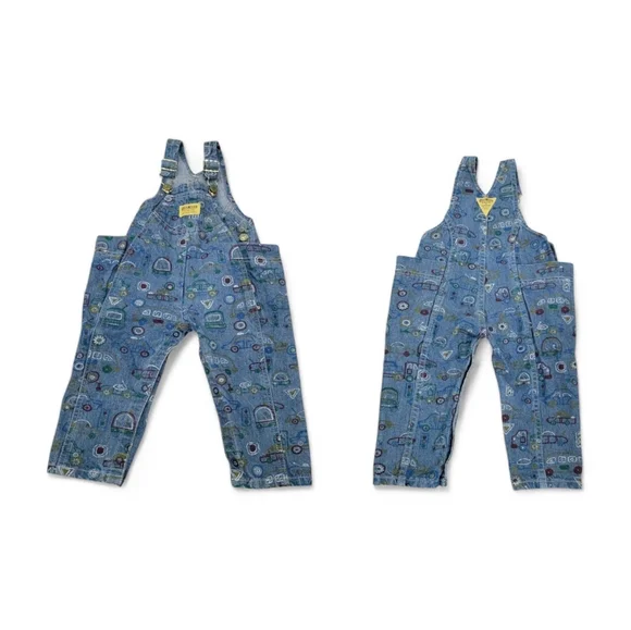 Vintage Oshkosh B'Gosh Overalls Blue Denim Car Truck Print Toddler 1990’s Sz 18M - Picture 2 of 15